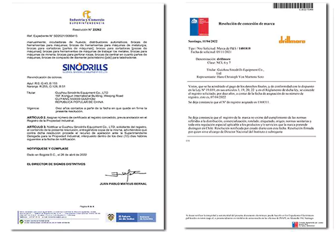 Colombian trademark Certificate and Chile trademark Certificate