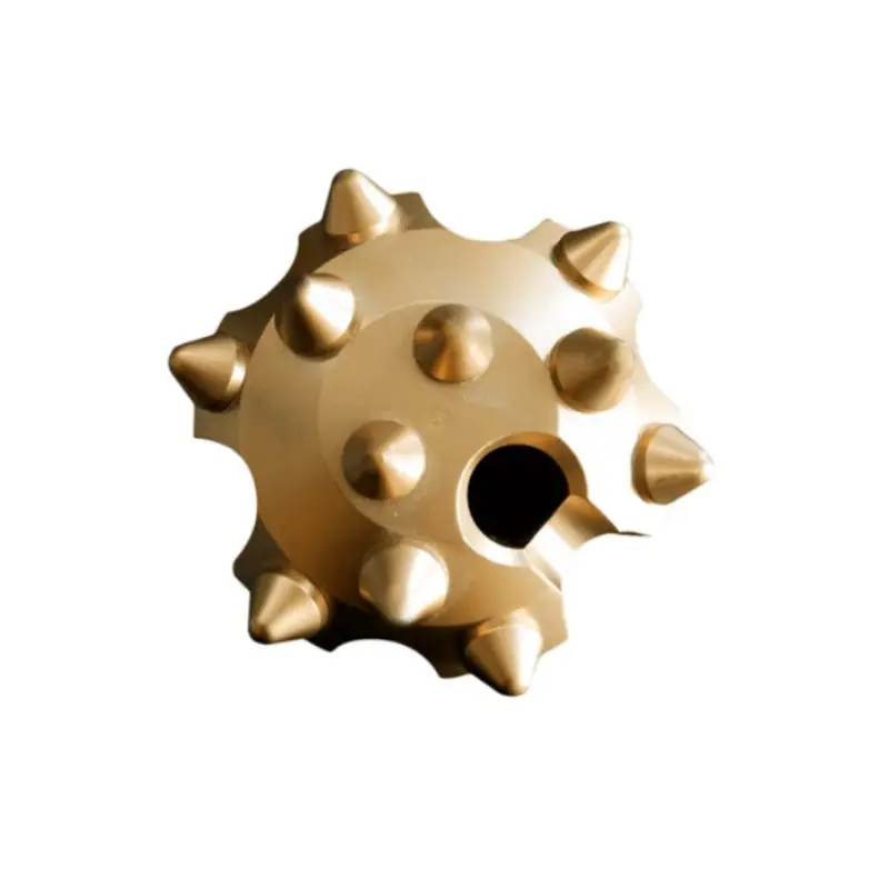 Convex face threaded button drill bit with sharp:conical buttons