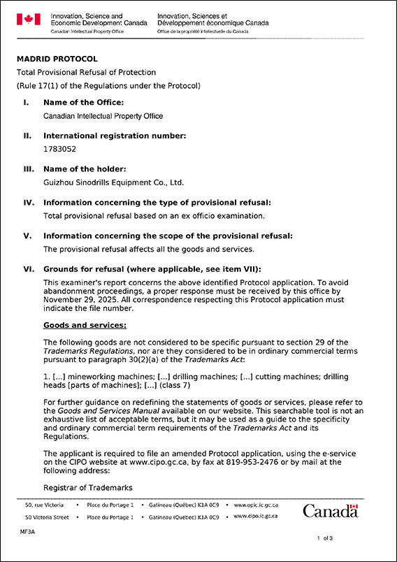 Sinodrills Trademark in Canada