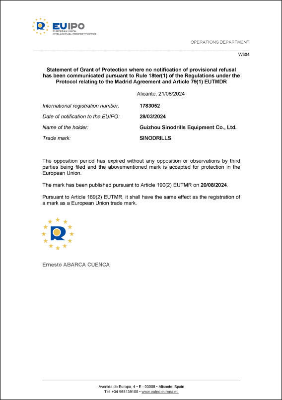 Sinodrills Trademark in European Union