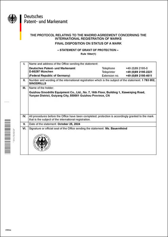 Sinodrills Trademark in Germany