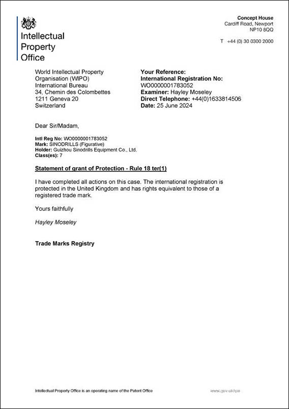 Sinodrills Trademark in UK
