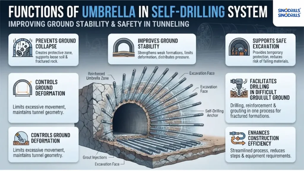 functins of the umbrella self drilling system