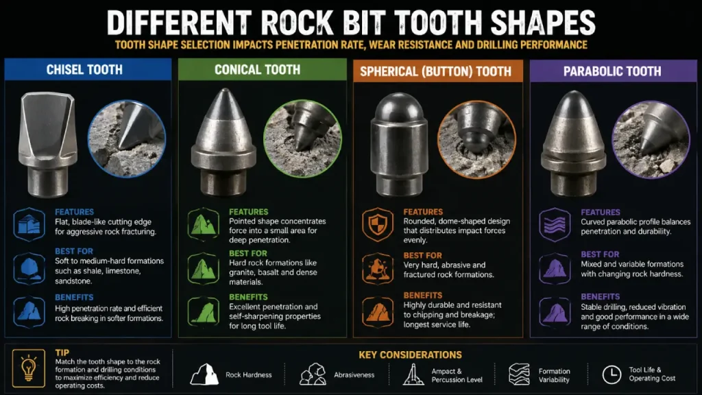 different shape rock bit tooth