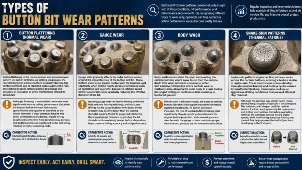 types of button bit wear patterns